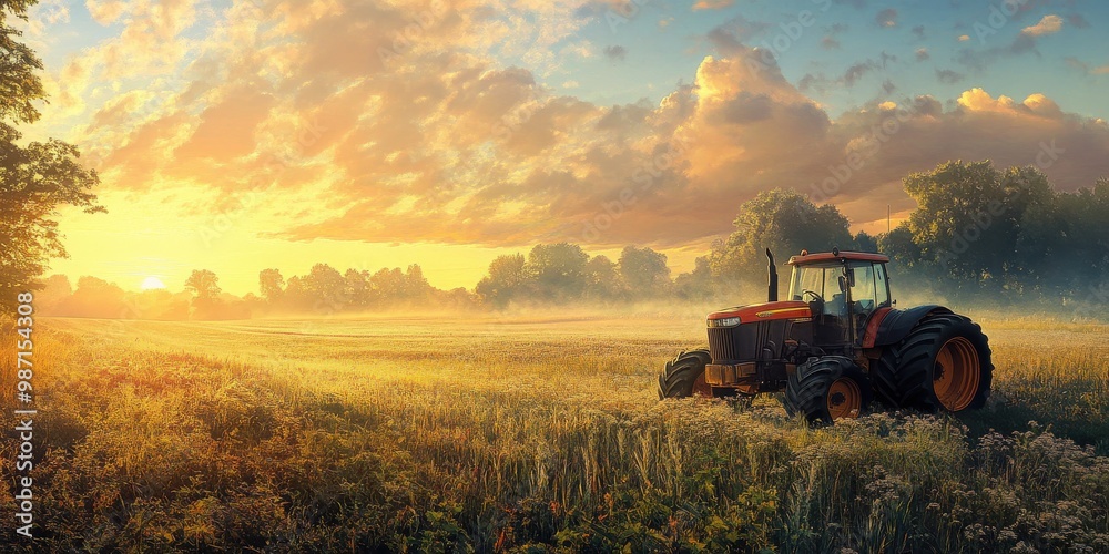 tractor in a field at sunrise tractor in a field at sunrise