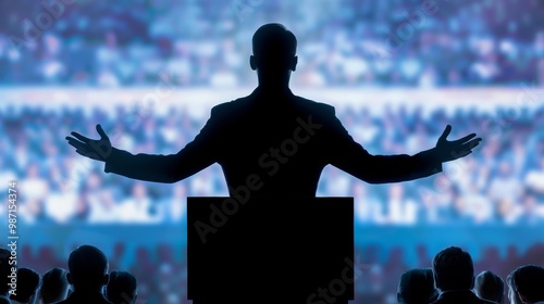 Passionate orator silhouette at podium addressing large crowd. Dramatic lighting emphasizes intense political discourse. Public speaking, leadership, and democracy concepts in action. photo