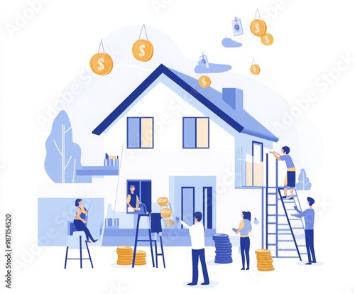 Home Exterior Revamp: Flat Illustration of People Working with Coins and Money Bags Afloat