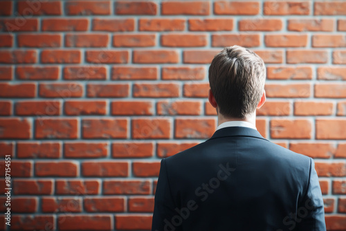 Businessman stands confidently against a textured brick wall, embodying professionalism and determination.