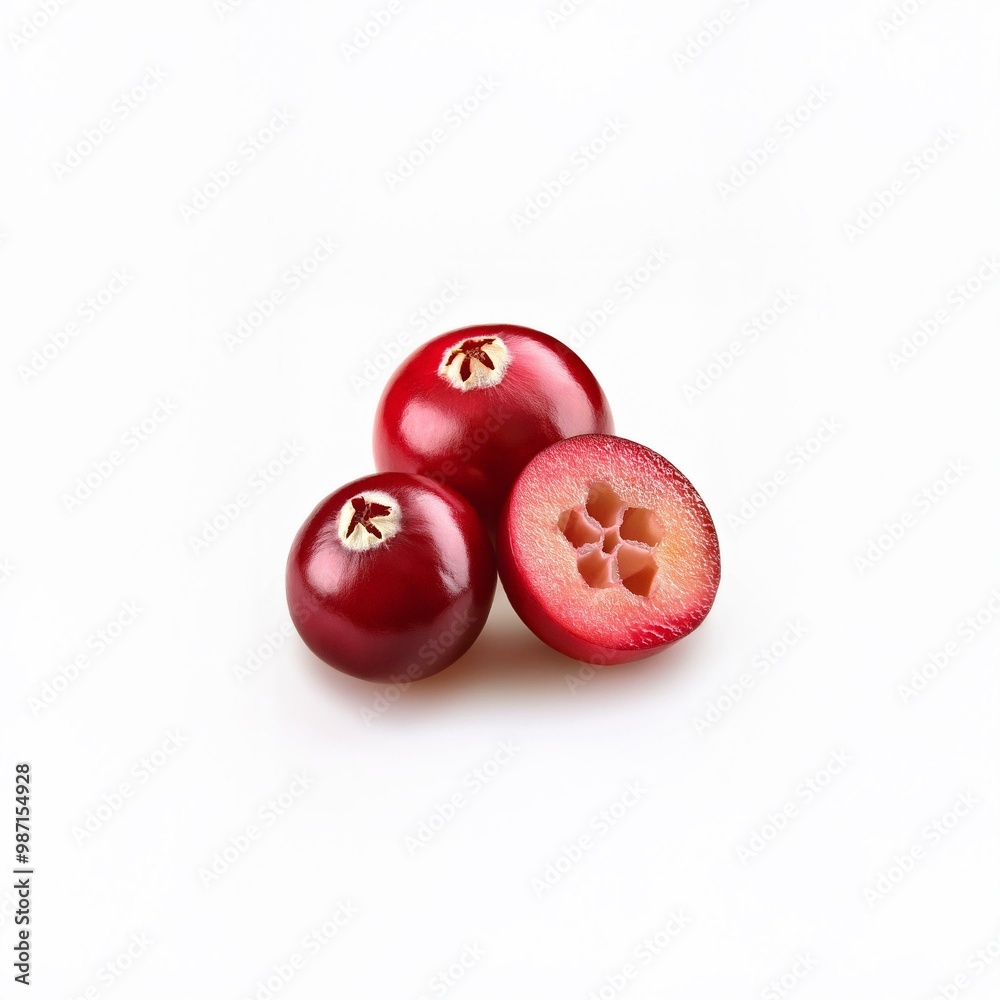 Three red cranberries, one cut in half, on a white background. Three red cranberries, one cut in half, on a white background.