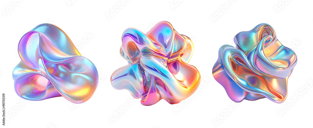 A set of holo abstract shapes, 3d fluid abstract metallic holographic colored shape png transparent background. Generative AI A set of holo abstract shapes, 3d fluid abstract metallic holographic colored shape png transparent background. Generative AI