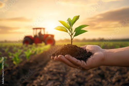 Hand holding a young plant in soil, with a tractor in the background, depicting sustainable agriculture and farming at sunrise. photo