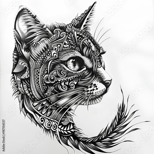 head of a cat mandala on white background 