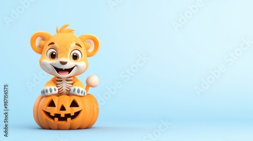 Cute Tiger Cartoon Character Inside Carved Halloween Pumpkin