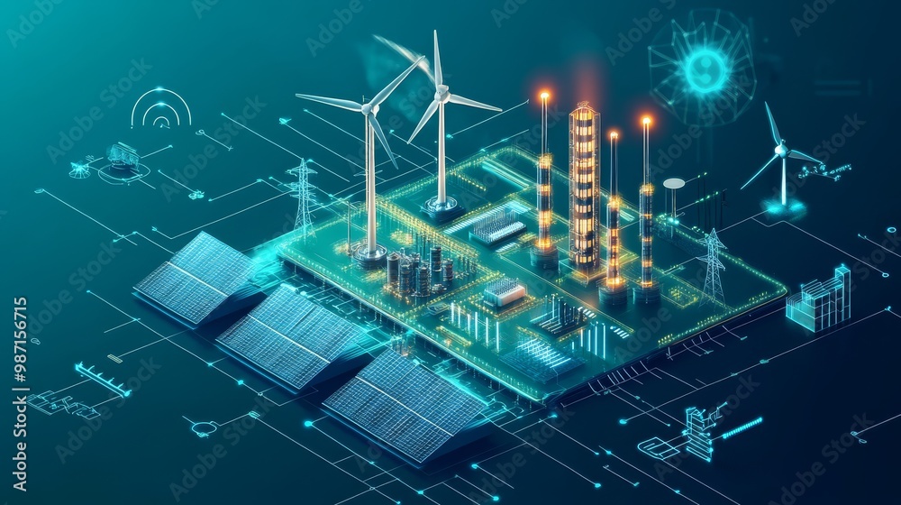 Innovative smart city energy grid with wind turbines, solar panels, and ...