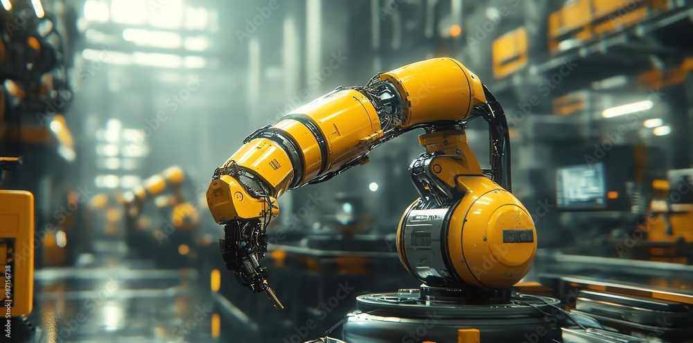 Close-up of a yellow robotic arm with a futuristic design in an industrial setting. Close-up of a yellow robotic arm with a futuristic design in an industrial setting.