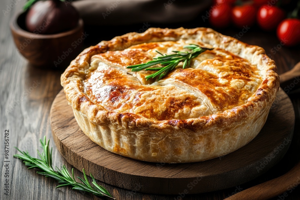 Meat pie over wood background, ai Meat pie over wood background, ai