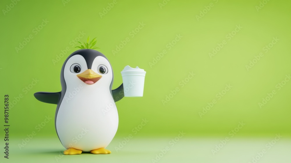 Cute Cartoon Penguin Character Smiling on Green Background Cute Cartoon Penguin Character Smiling on Green Background
