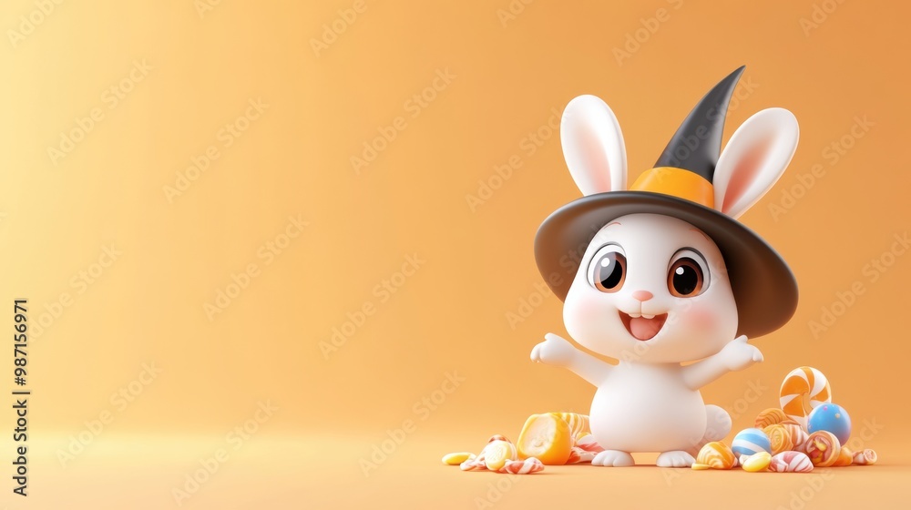 Obraz premium Cute Cartoon Rabbit Mascot in Colorful Holiday Costume on Yellow Background
