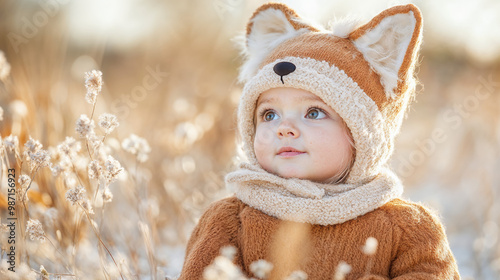 A young child wearing a fox hat and coat enjoys a winter afternoon in a snowy field surrounded by soft, frosty plants photo