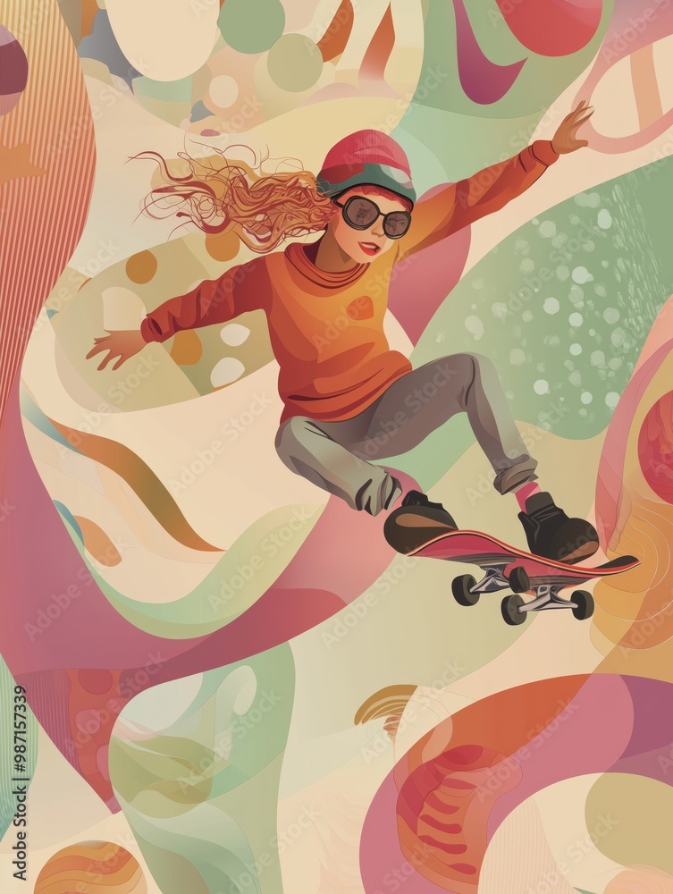 A young girl with curly hair skateboards through colorful abstract patterns. A young girl with curly hair skateboards through colorful abstract patterns.