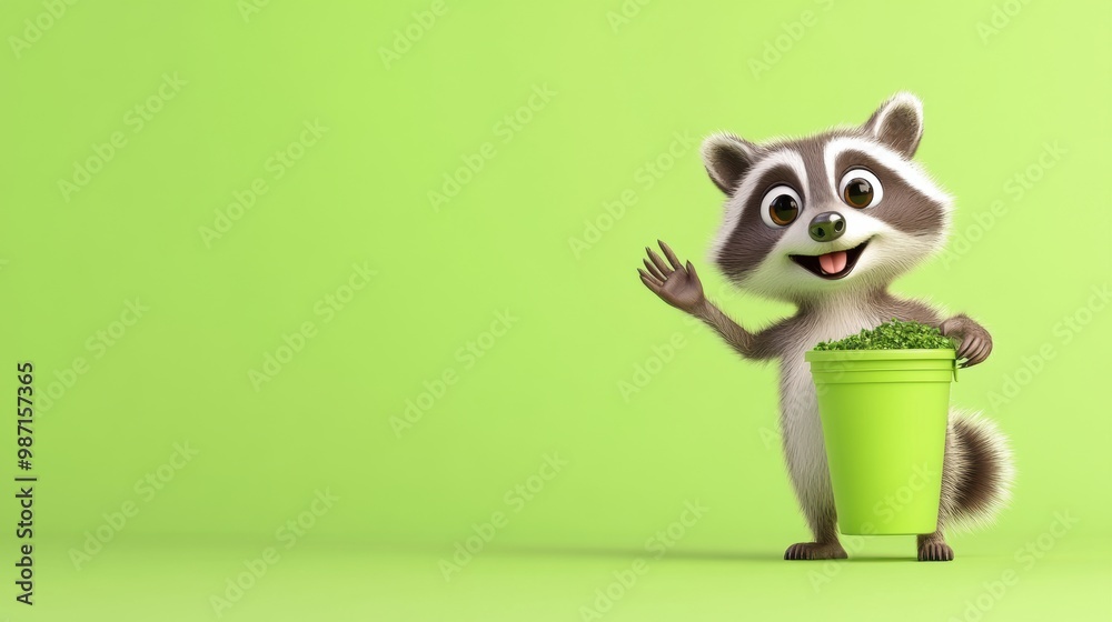 Fototapeta premium Cheerful Cartoon Raccoon Holding Eco Friendly Cup in Green Forest