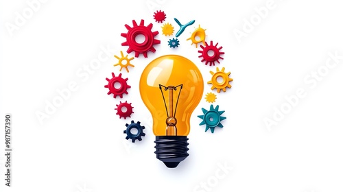 Light bulb with gears turning, ideas leading to growth, flat design illustration