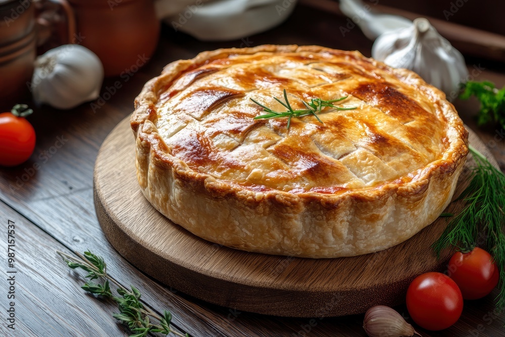 Meat pie over wood background , ai Meat pie over wood background , ai