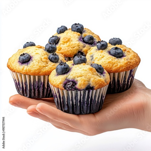 Hand holding blueberry muffins isolated on white, focusing on the act of holding and serving.