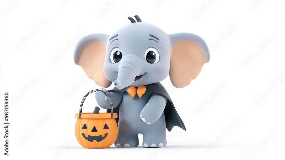 Fototapeta premium Cute Elephant in Halloween Costume Holding Pumpkin Basket