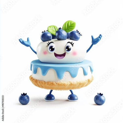 3D cartoon-style blueberry cake character isolated on a white background, offering a playful depiction.