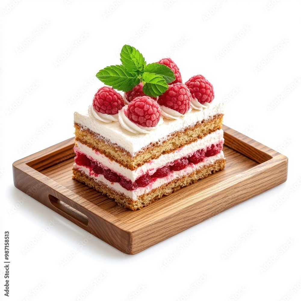 Raspberry cake on a wooden tray isolated on a white background, providing a rustic and inviting feel. Raspberry cake on a wooden tray isolated on a white background, providing a rustic and inviting feel.