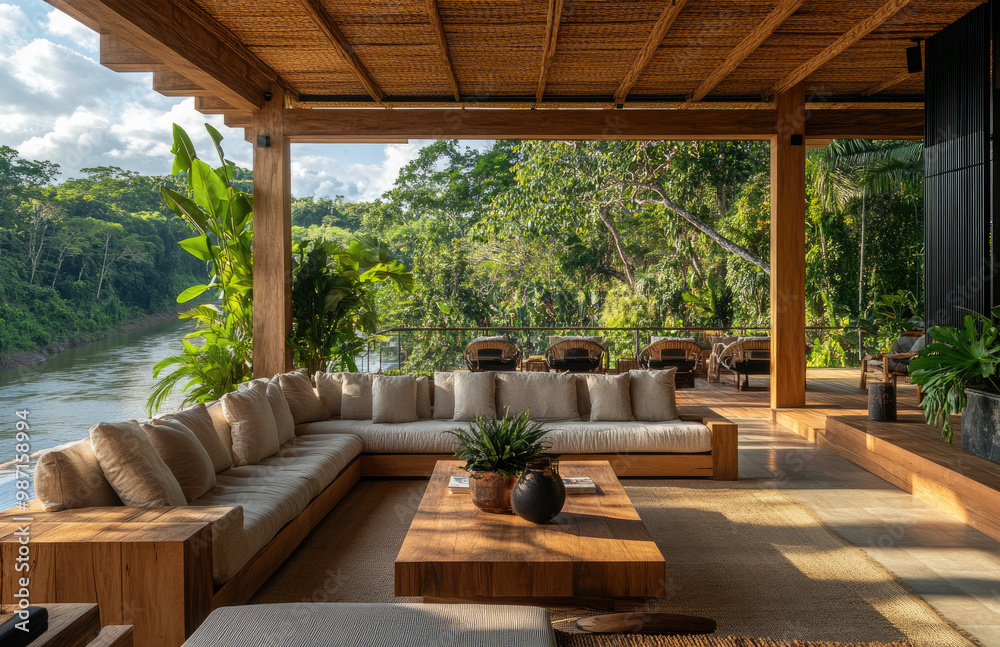 Fototapeta premium A luxurious outdoor living area in the Intersection house with wooden furniture, large couches, and a coffee table surrounded by lush tropical plants overlooking the river on one side