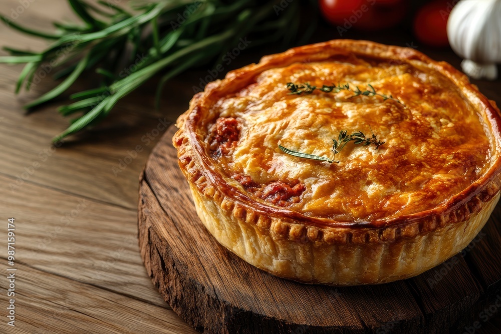 Meat pie over wood background , ai Meat pie over wood background , ai