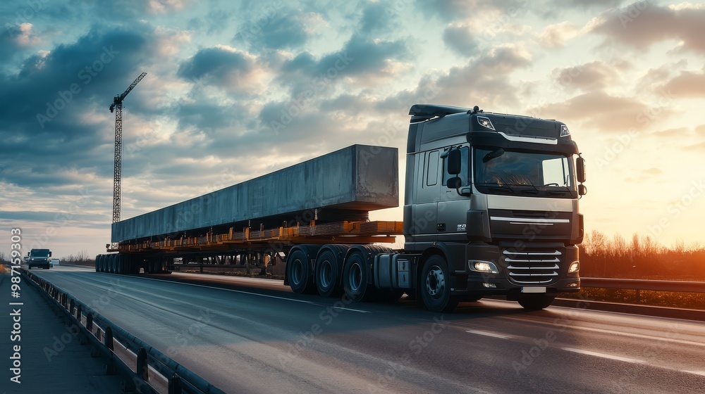 Modern heavy truck transporting large cargo on highway at sunset. Industrial logistics, freight transportation, and trucking concept. Modern heavy truck transporting large cargo on highway at sunset. Industrial logistics, freight transportation, and trucking concept.