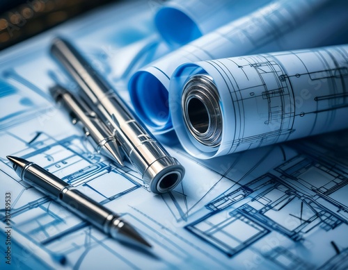 Blueprint and architectural design, featuring symbols like technical drawings, blueprints, and drafting tools symbolizing planning, construction photo