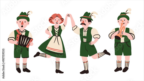 Vector illustration with cartoon musicians and dancers in traditional Bavarian costumes at the Oktoberfest festival.