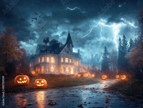 Gothic haunted house with towering Jack o Lanterns glowing set on a hill under a lightning storm