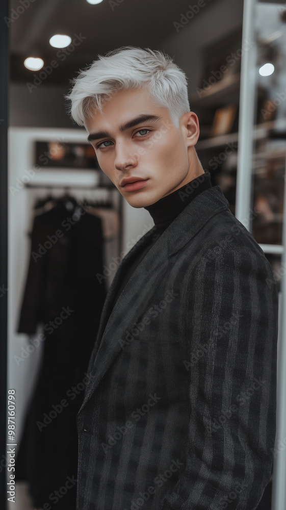 social media influencer, white hair and grey eyes wearing stylish business attire. Background of fashion store. Posing for his profile picture, trying to look good.