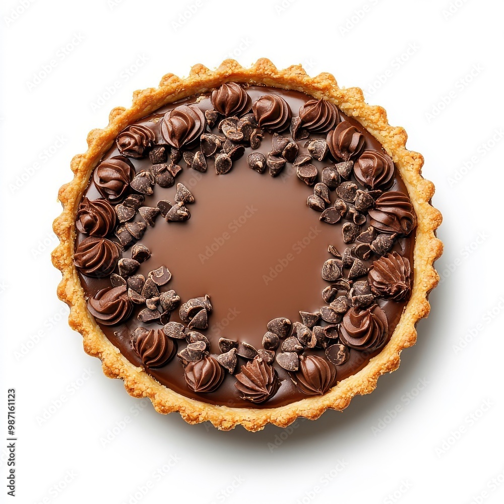 Chocolate tart isolated on a white background, showcasing its rich, dark filling and crumbly crust.