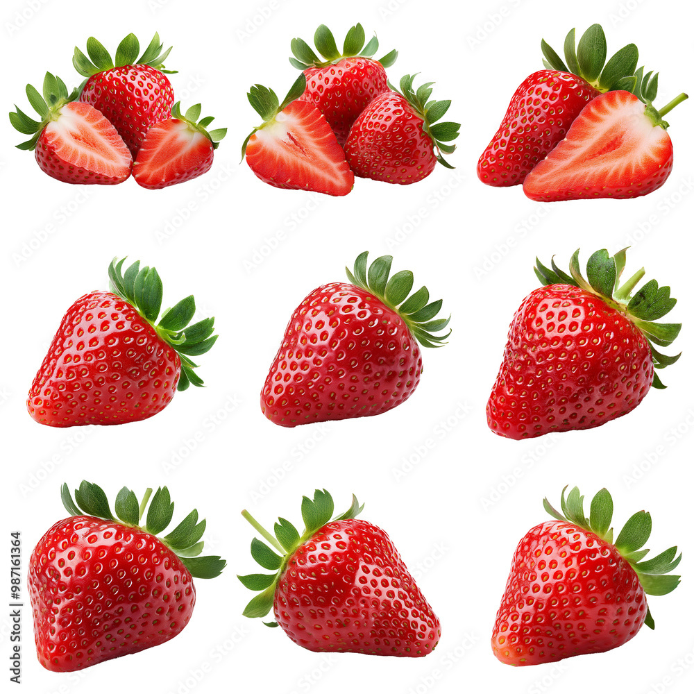 A collage of nine strawberries, some whole and some sliced, showcasing the fruit's vibrant red color and juicy texture. A collage of nine strawberries, some whole and some sliced, showcasing the fruit's vibrant red color and juicy texture.