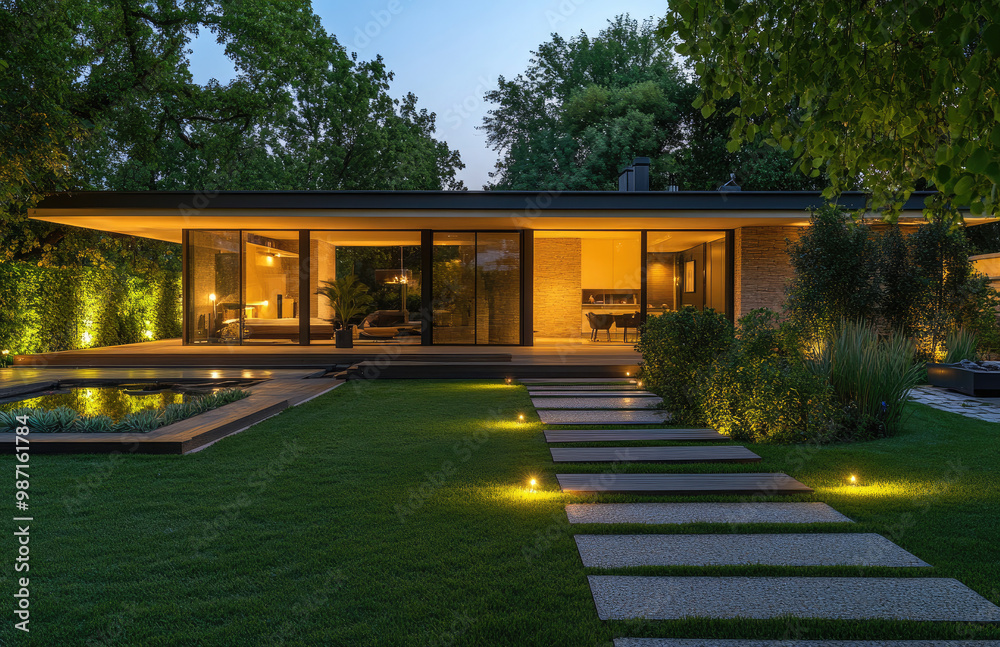 A modern house with a garden and an illuminated path, landscape design, lighting in the yard, a lawn with an artificial pond, plants around the edge of the grass
