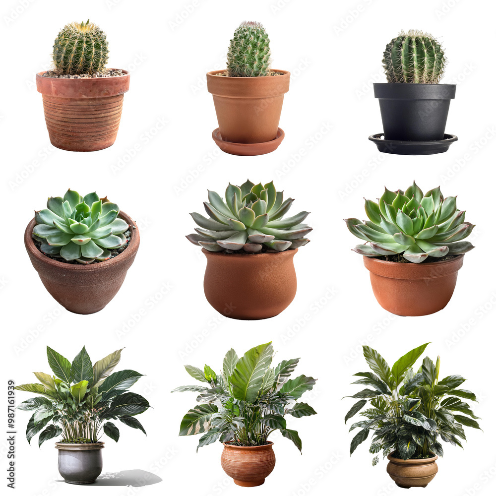 Nine potted plants arranged in a grid on a white background. Nine potted plants arranged in a grid on a white background.