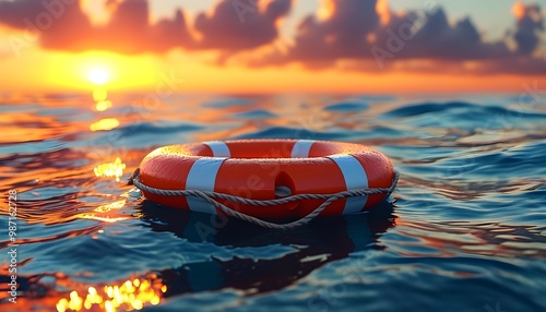 Lifebuoy Adrift in Sunset Waters Symbolizing Rescue, Safety, and Hope photo