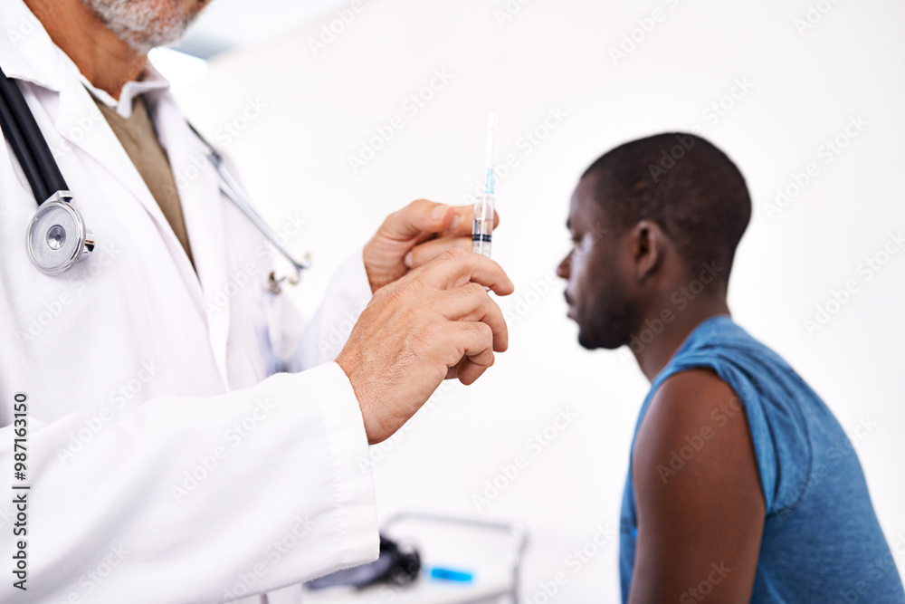Doctor, injection and man in hospital for vaccine, healthcare and medicine administration with antibiotics. Gp, needle and patient in clinic for virus immunity, diabetes or wellness with insulin shot Doctor, injection and man in hospital for vaccine, healthcare and medicine administration with antibiotics. Gp, needle and patient in clinic for virus immunity, diabetes or wellness with insulin shot