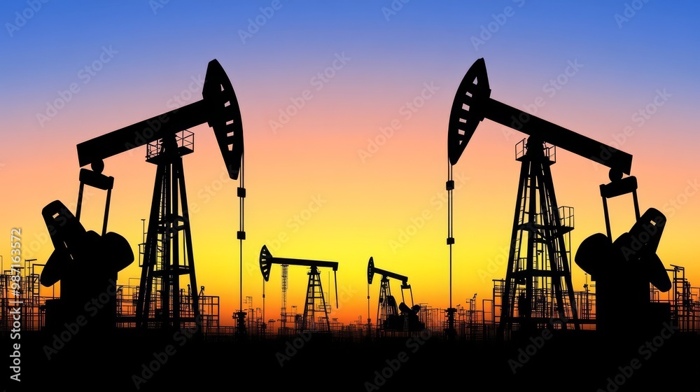 Silhouette of oil pumps at sunset, featuring industrial machinery against a vibrant twilight sky, representing the oil industry and energy production. Silhouette of oil pumps at sunset, featuring industrial machinery against a vibrant twilight sky, representing the oil industry and energy production.