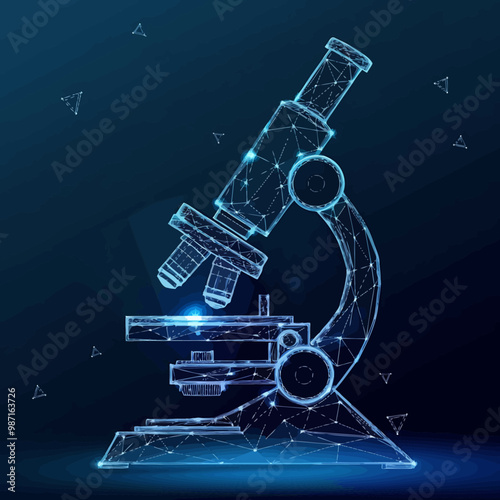Futuristic abstract image of a low poly microscope illustration with lines and dots