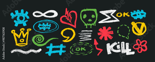 Set with colorful  charcoal graffiti doodle punk and girly shapes . Hand drawn abstract scribbles and squiggles, creative various shapes, charcoal drawn icons.