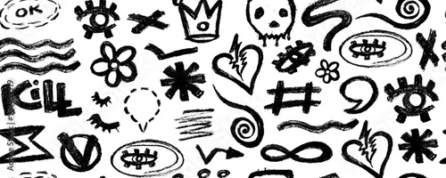 Vector seamless pattern with charcoal graffiti doodle punk and girly shapes . Hand drawn abstract scribbles and squiggles, creative various shapes, pencil drawn icons. photo