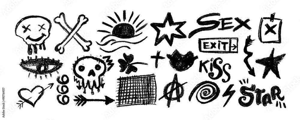 Collection with charcoal graffiti doodle punk and geometric shapes . Hand drawn abstract scribbles and squiggles, creative various shapes, charcoal drawn icons. Collection with charcoal graffiti doodle punk and geometric shapes . Hand drawn abstract scribbles and squiggles, creative various shapes, charcoal drawn icons.
