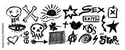 Collection with charcoal graffiti doodle punk and geometric shapes . Hand drawn abstract scribbles and squiggles, creative various shapes, charcoal drawn icons.