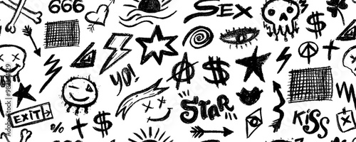 Vector seamless pattern with charcoal graffiti doodle punk and geometric shapes . Hand drawn abstract scribbles and squiggles, creative various shapes, charcoal drawn icons.