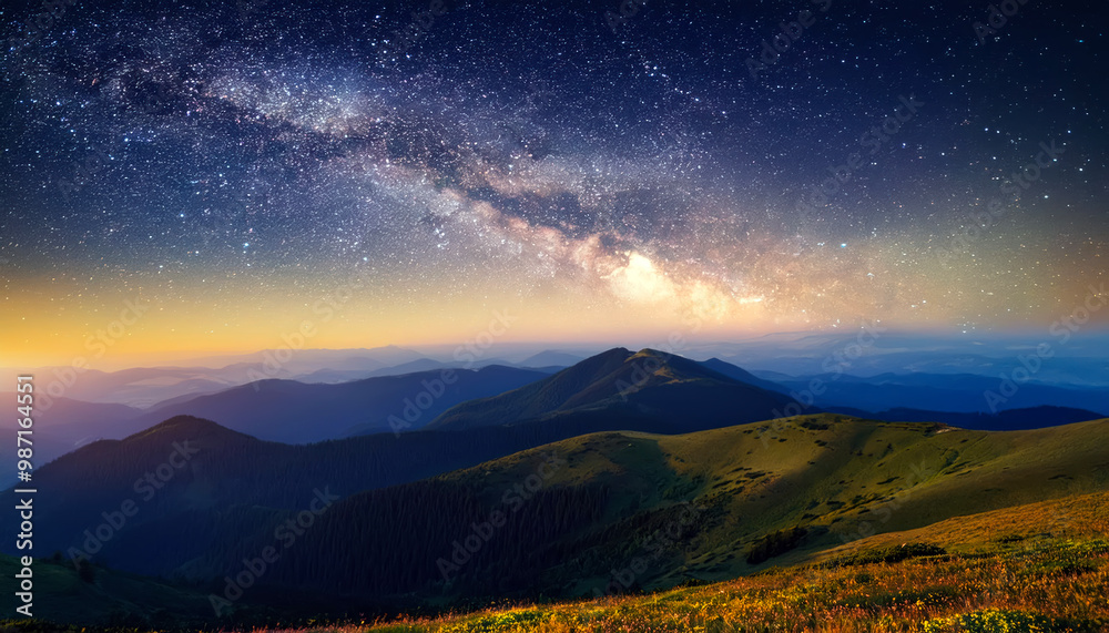 Night landscape with colorful Milky Way and yellow light at mountains. Starry sky with hills Night landscape with colorful Milky Way and yellow light at mountains. Starry sky with hills