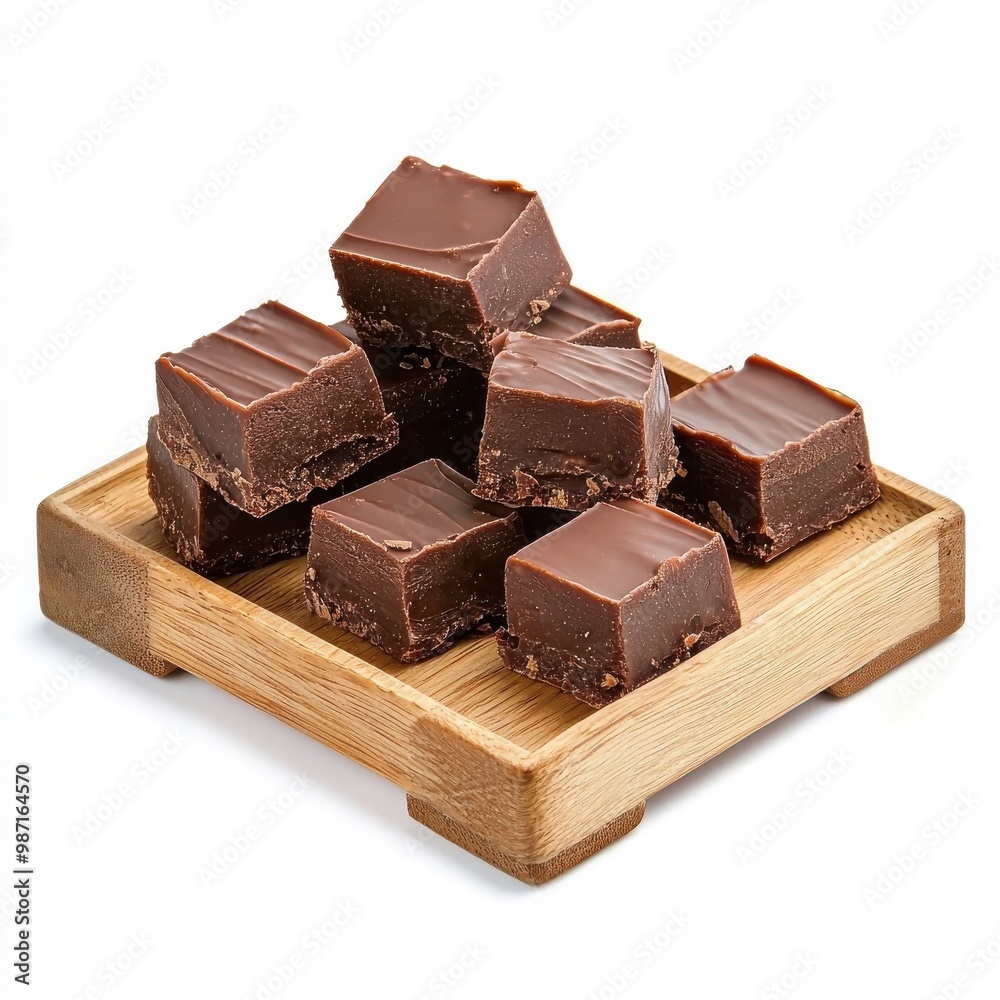 Chocolate fudge on a wooden tray, isolated on a white background, providing a rustic and inviting appearance. Chocolate fudge on a wooden tray, isolated on a white background, providing a rustic and inviting appearance.