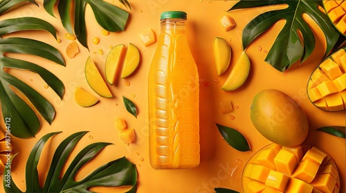 Fresh Mango Juice Bottle Surrounded by Tropical Leaves and Sliced Mango on Orange Background photo