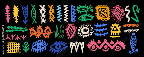 Collection with ethnic aztec sign maya,  hand drawn charcoal. Abstract aztec symbols, totem idols, ancient inca maya, traditional  mexican signs. Vector ornament of native americans, aztecs.