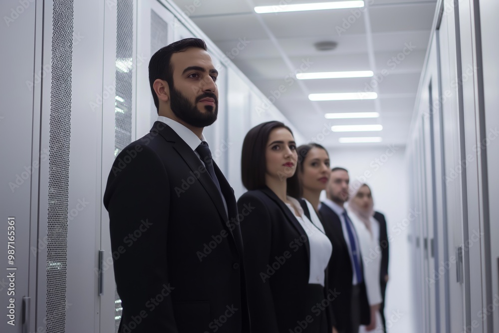 A group of people in suits stand in a hallway. Scene is professional and formal