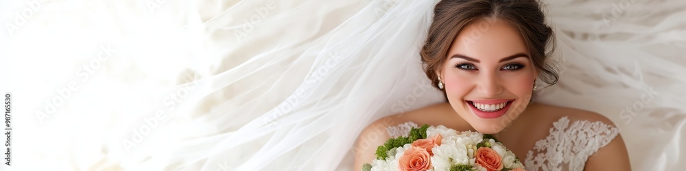 A bride is smiling and holding a bouquet of flowers. Concept of happiness and celebration, as the bride is getting ready for her wedding. The flowers in the bouquet add a touch of elegance A bride is smiling and holding a bouquet of flowers. Concept of happiness and celebration, as the bride is getting ready for her wedding. The flowers in the bouquet add a touch of elegance