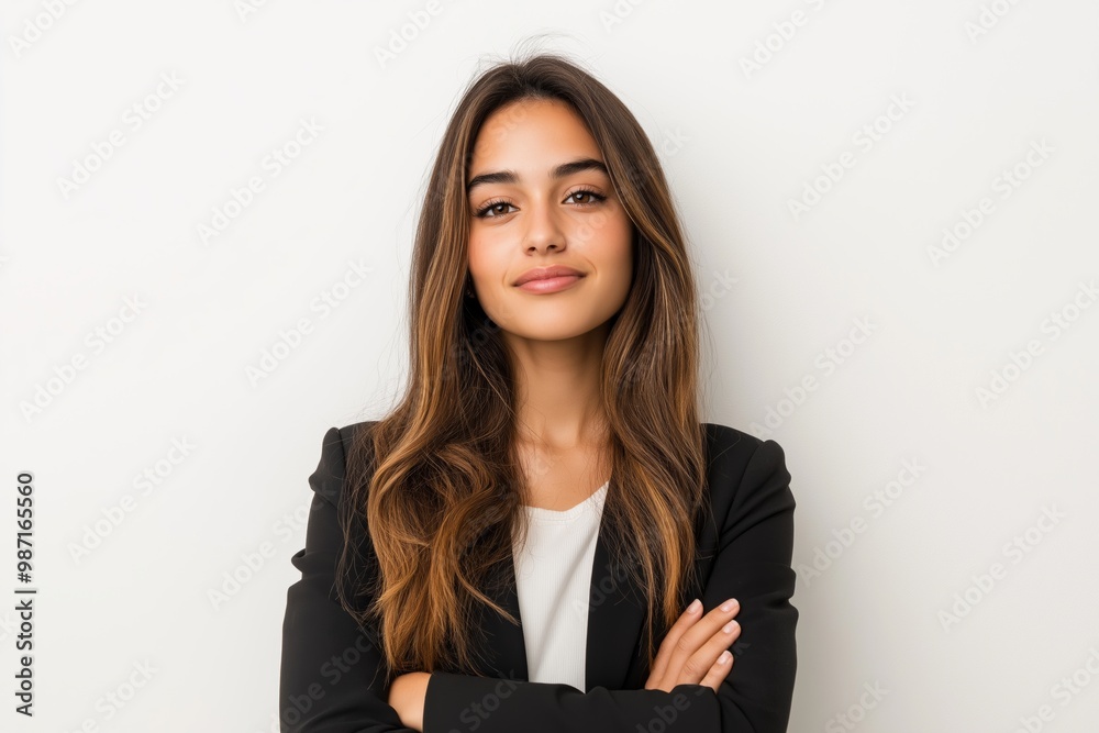 A woman with long brown hair is wearing a black suit and white shirt. She is smiling and looking directly at the camera A woman with long brown hair is wearing a black suit and white shirt. She is smiling and looking directly at the camera